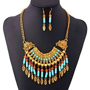 Antique Brass Tribal Warrior Necklace & Earrings Set NWT
